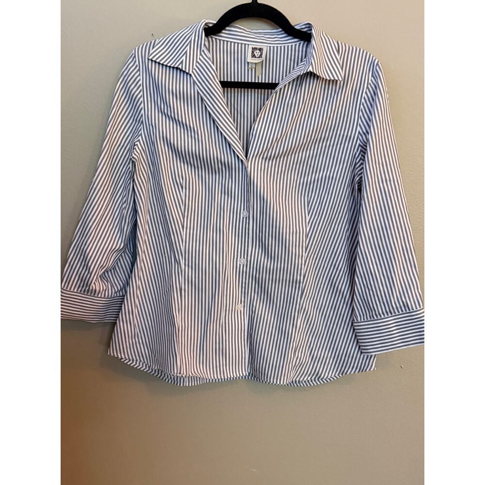 Anne Klein Pinstripe Button Front Blouse Gray White Women’s Medium - Picture 1 of 12